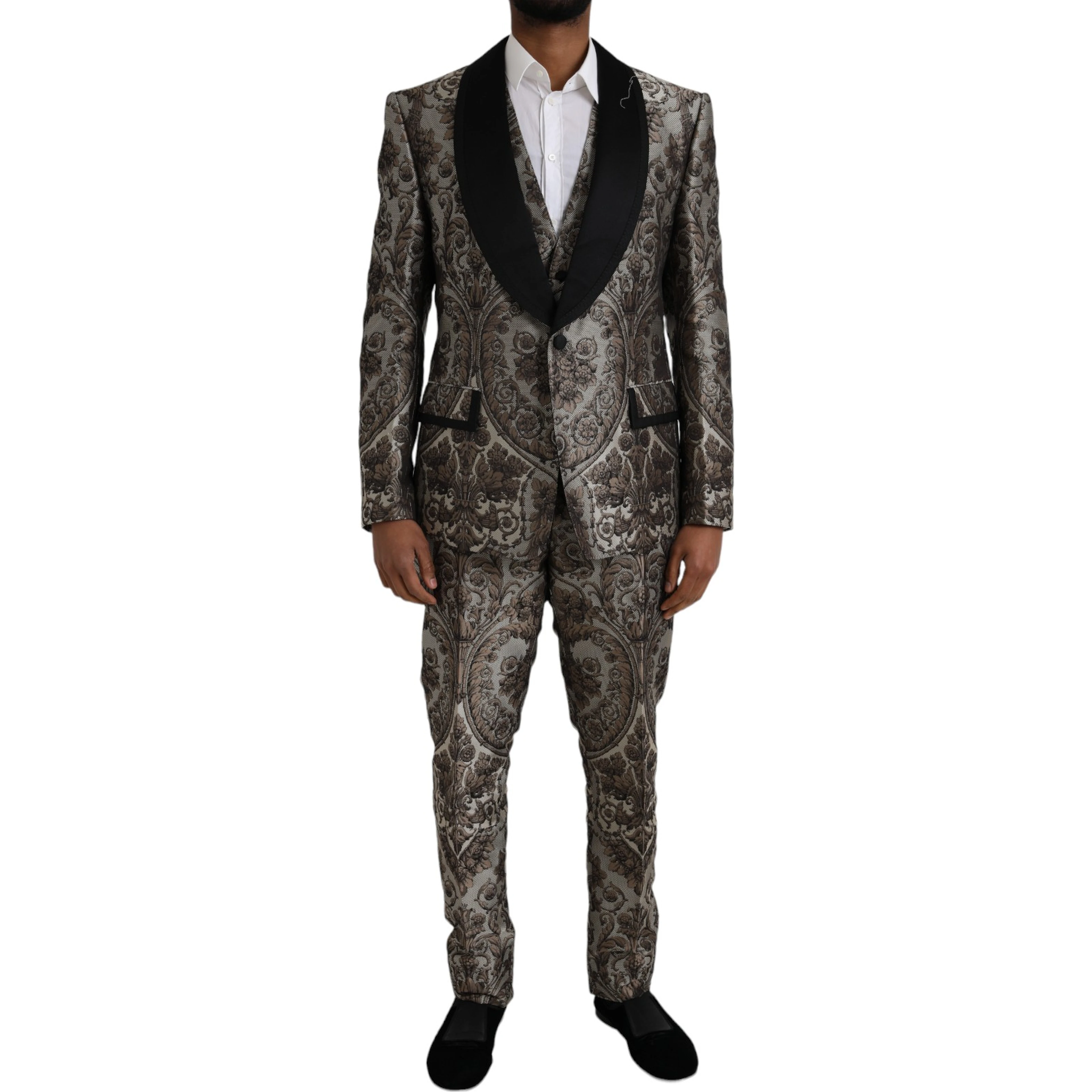 Brown Floral Jacquard Formal 3 Piece Suit