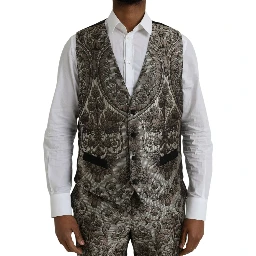 Brown Floral Jacquard Formal 3 Piece Suit