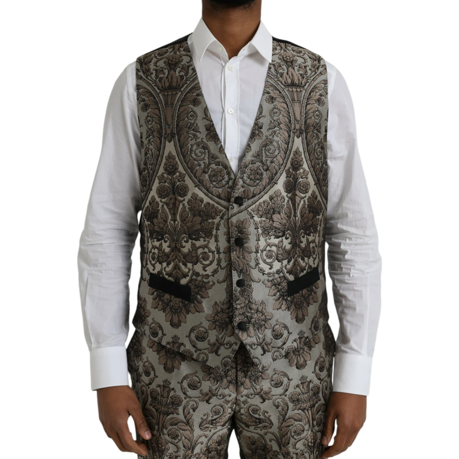 Brown Floral Jacquard Formal 3 Piece Suit