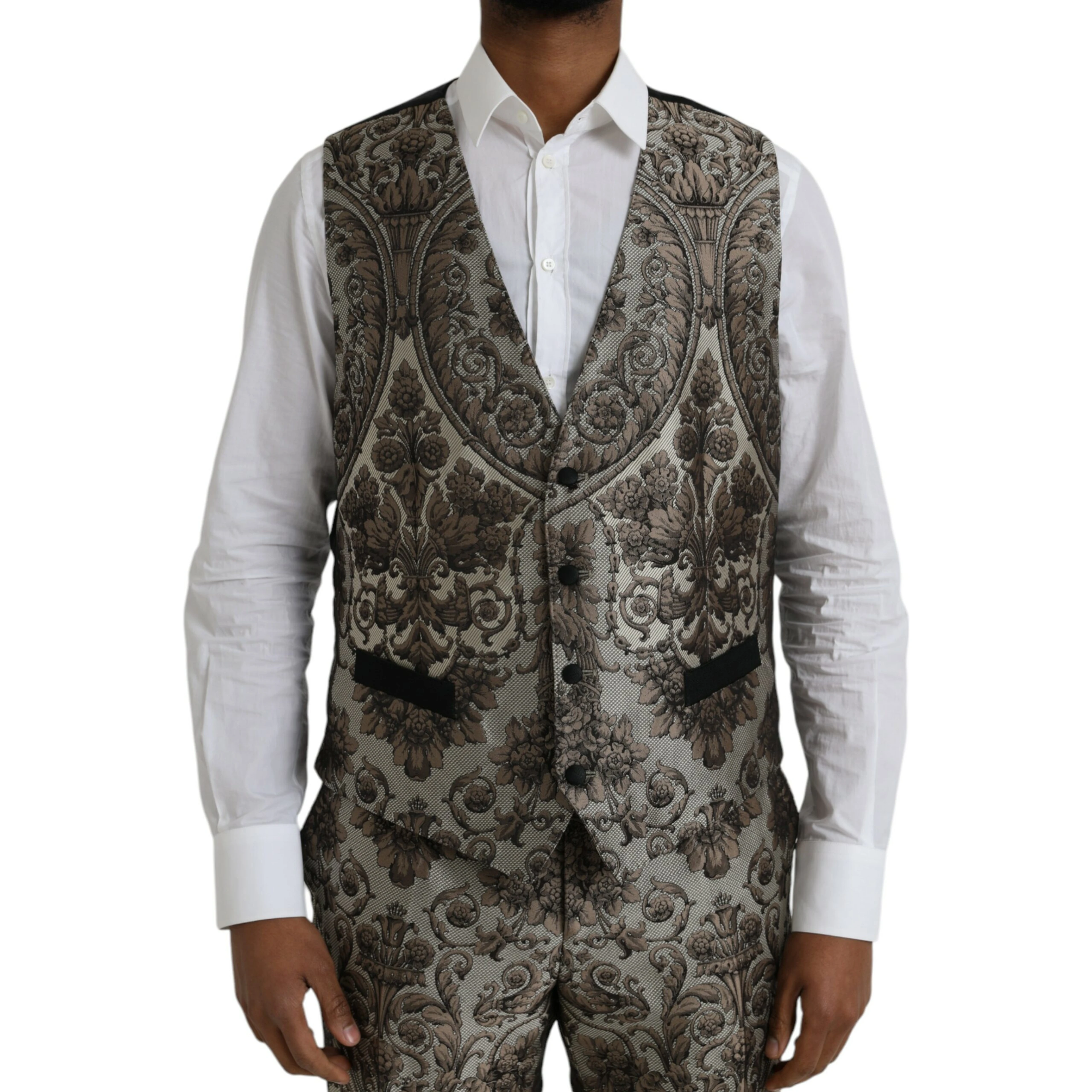 Brown Floral Jacquard Formal 3 Piece Suit