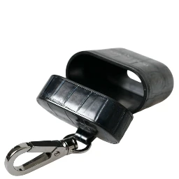 Black Crocodile Leather Silver Metal Logo Airpods Case