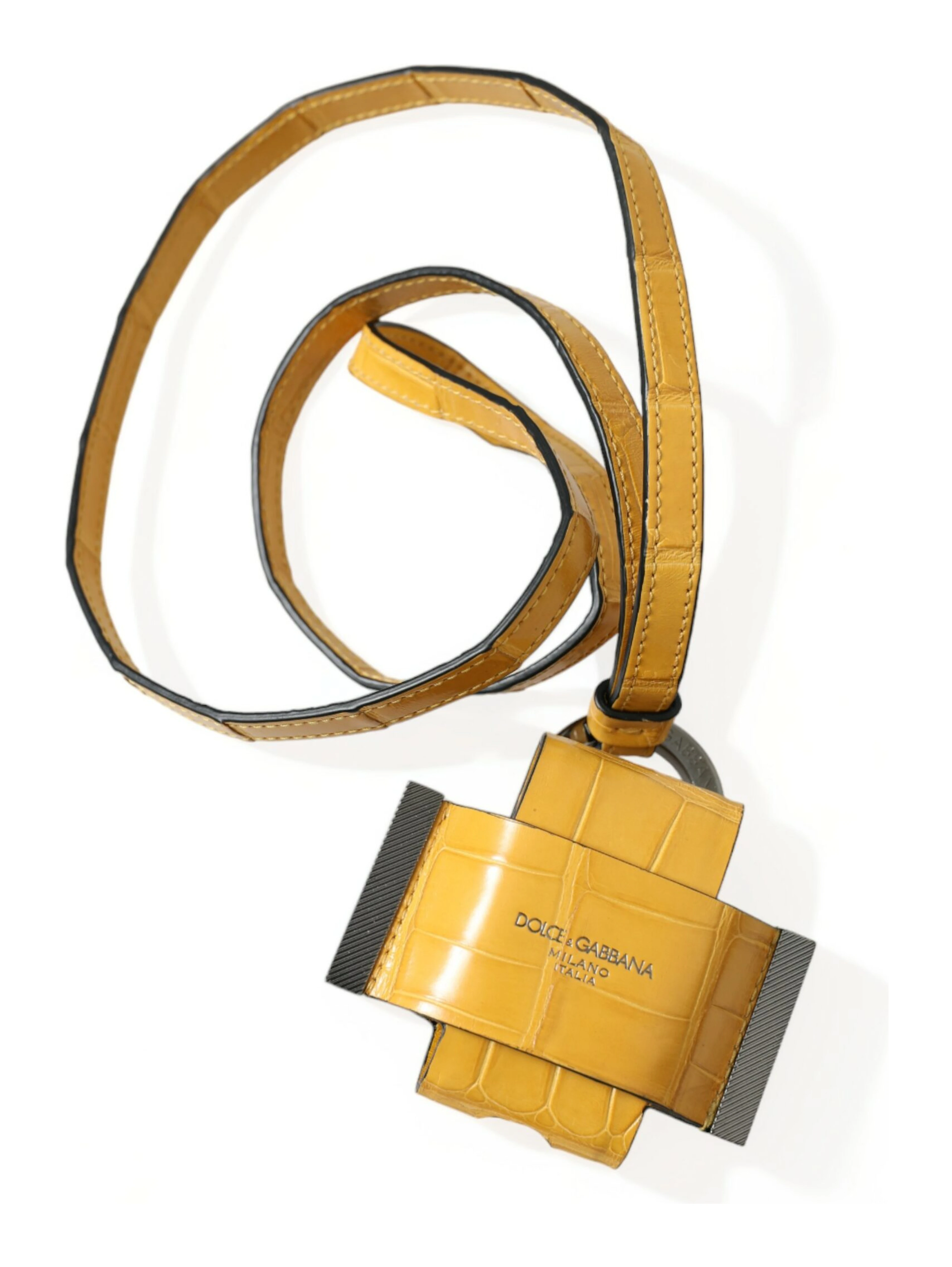 Yellow Crocodile Leather Logo Print Lanyard Keychain
