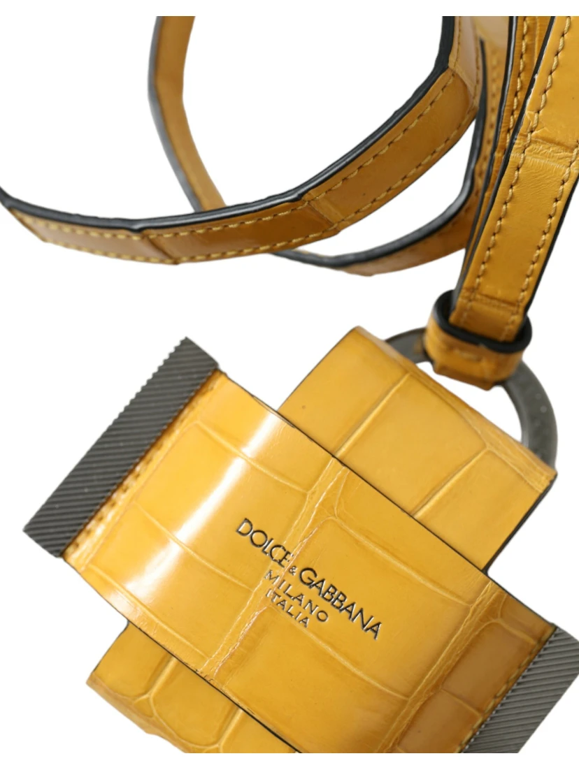 Yellow Crocodile Leather Logo Print Lanyard Keychain