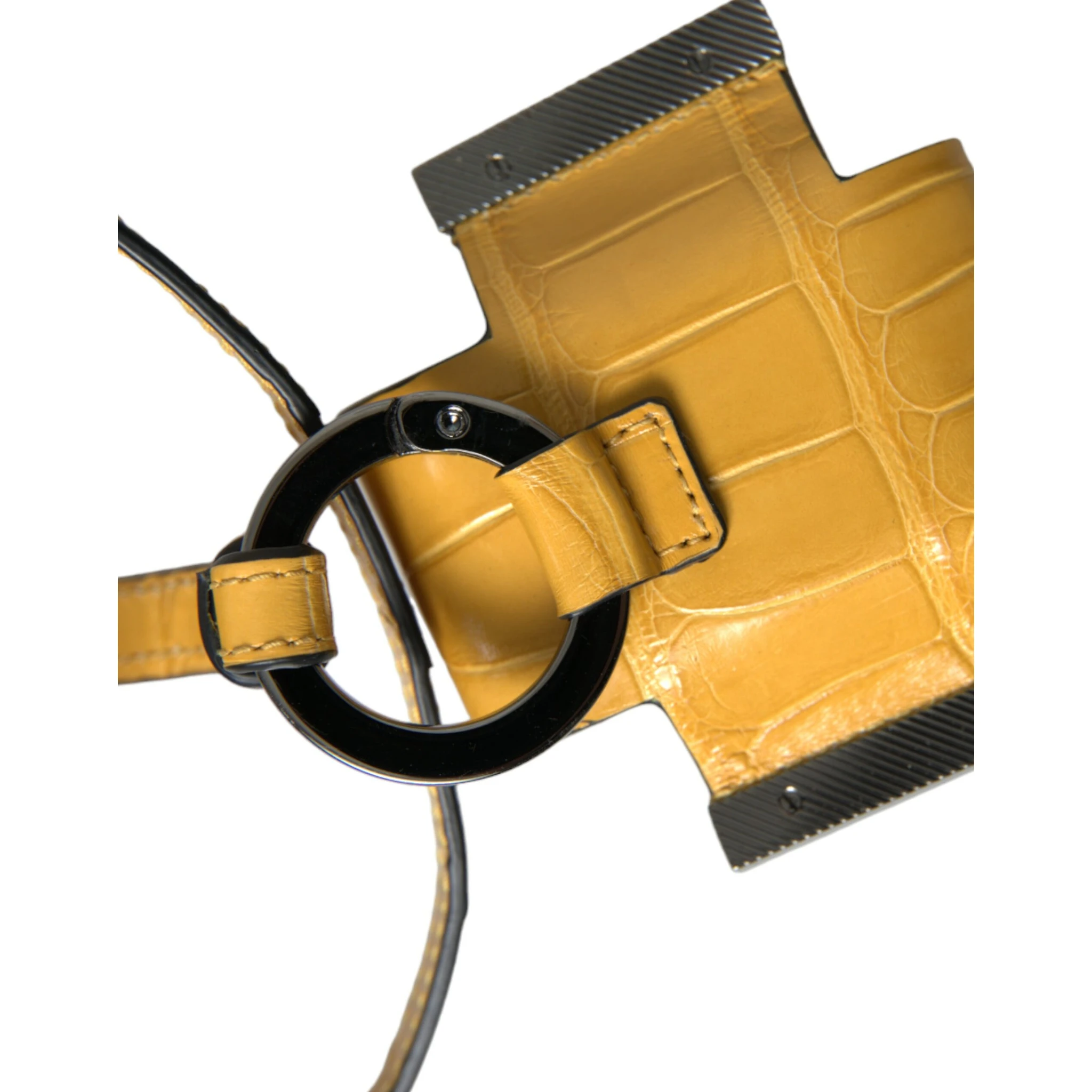 Yellow Crocodile Leather Logo Print Lanyard Keychain