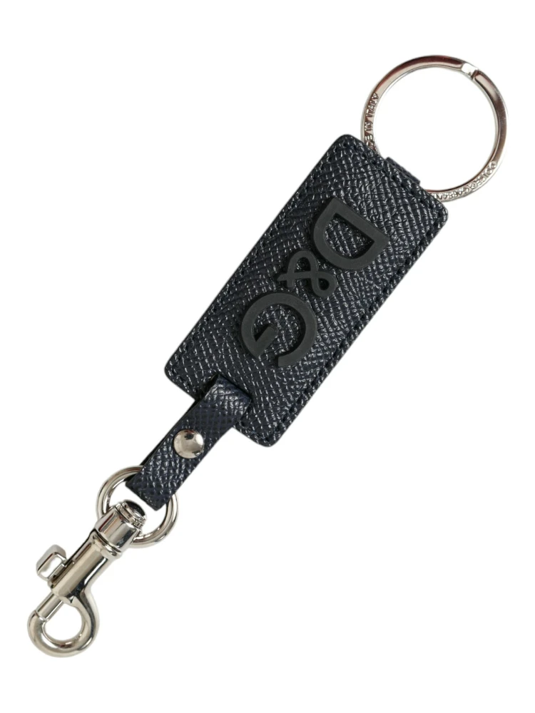 Black Calf Leather DG Logo Silver Brass Keyring Keychain
