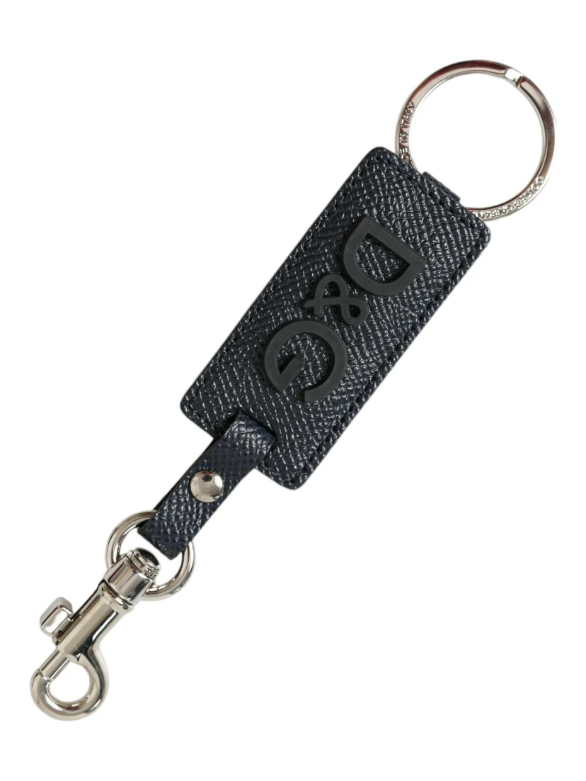 Black Calf Leather DG Logo Silver Brass Keyring Keychain