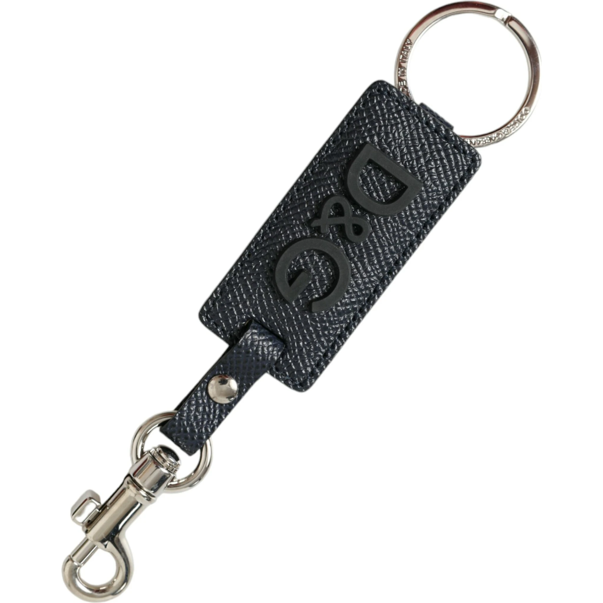 Black Calf Leather DG Logo Silver Brass Keyring Keychain