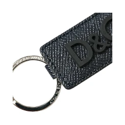 Black Calf Leather DG Logo Silver Brass Keyring Keychain