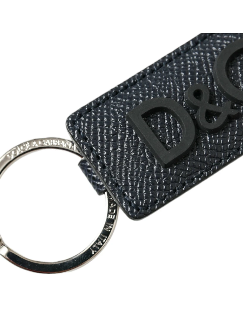 Black Calf Leather DG Logo Silver Brass Keyring Keychain