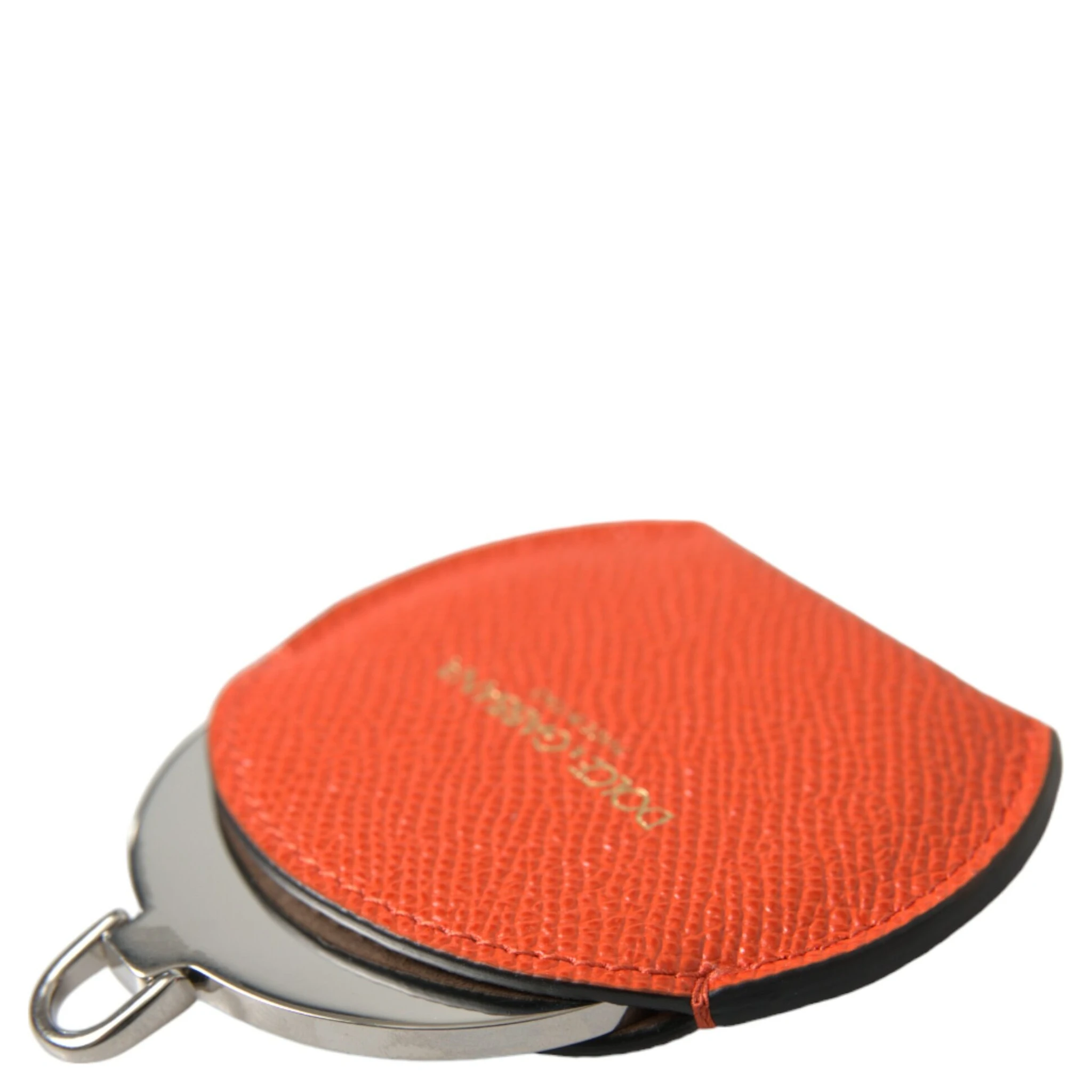 Orange Calfskin Leather Round Logo Hand Mirror Holder