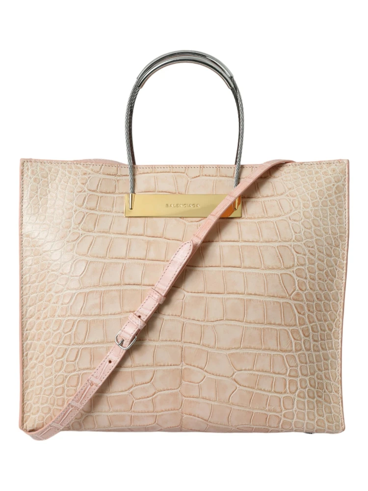 Pink Exotic Leather Embossed Cable Handle Shopper Tote Bag