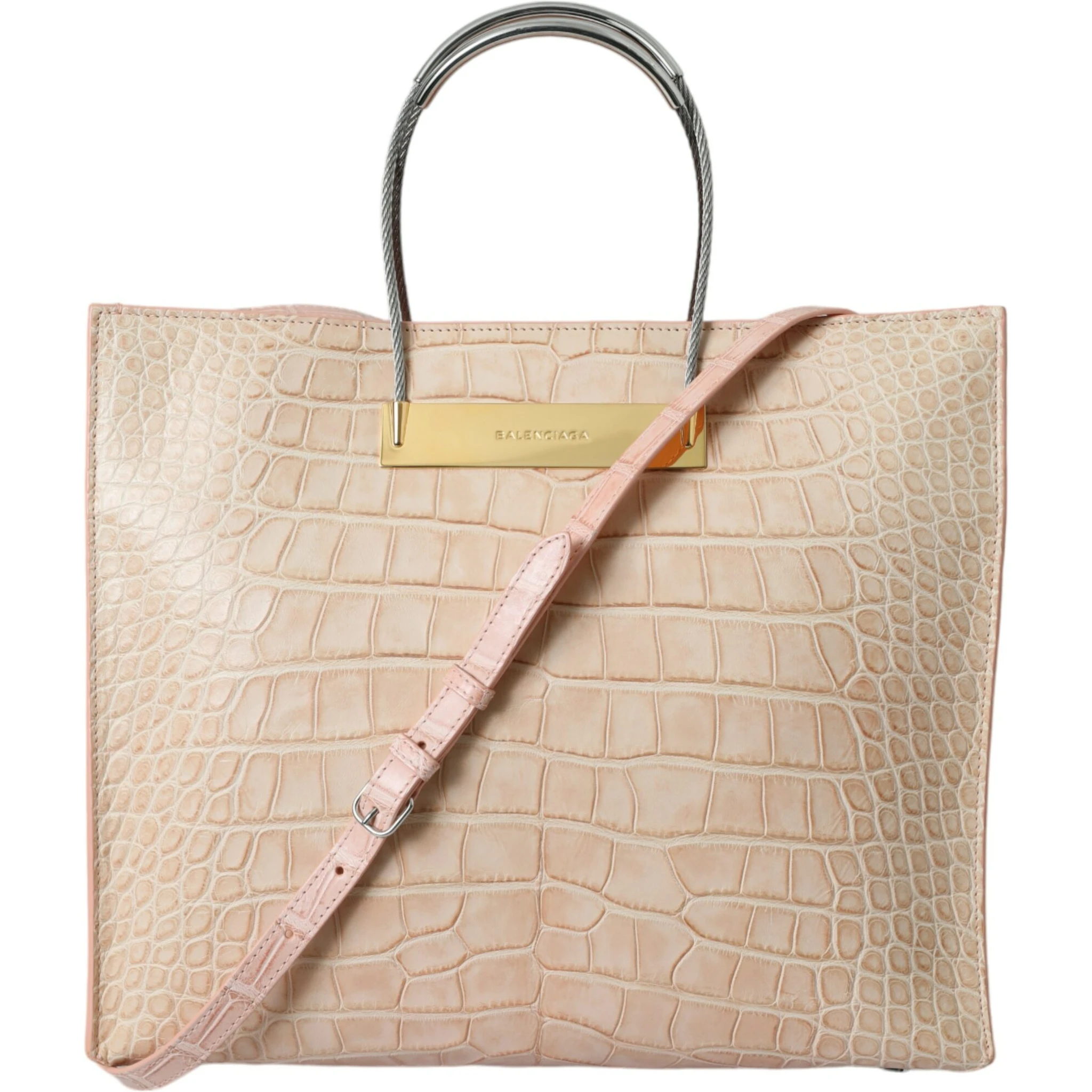 Pink Exotic Leather Embossed Cable Handle Shopper Tote Bag
