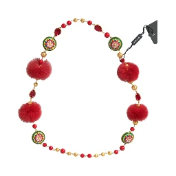 Gold Brass Red Fur Crystal Carretto Chain Necklace