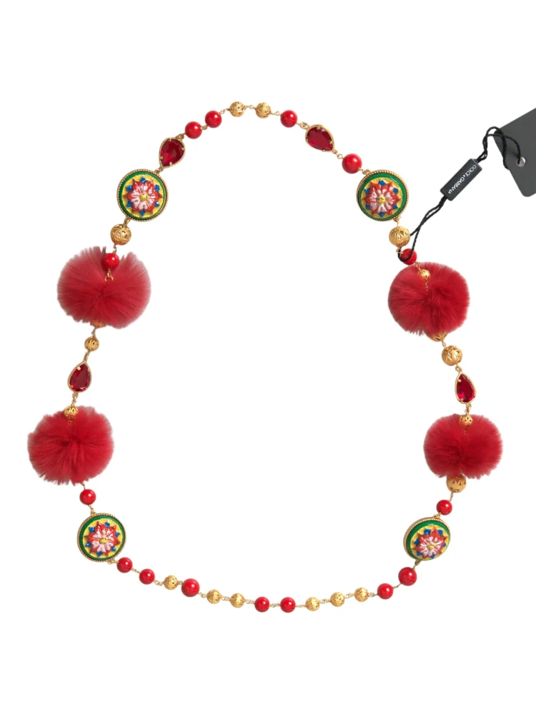 Gold Brass Red Fur Crystal Carretto Chain Necklace