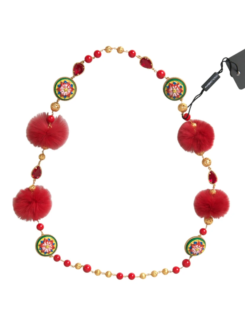 Gold Brass Red Fur Crystal Carretto Chain Necklace