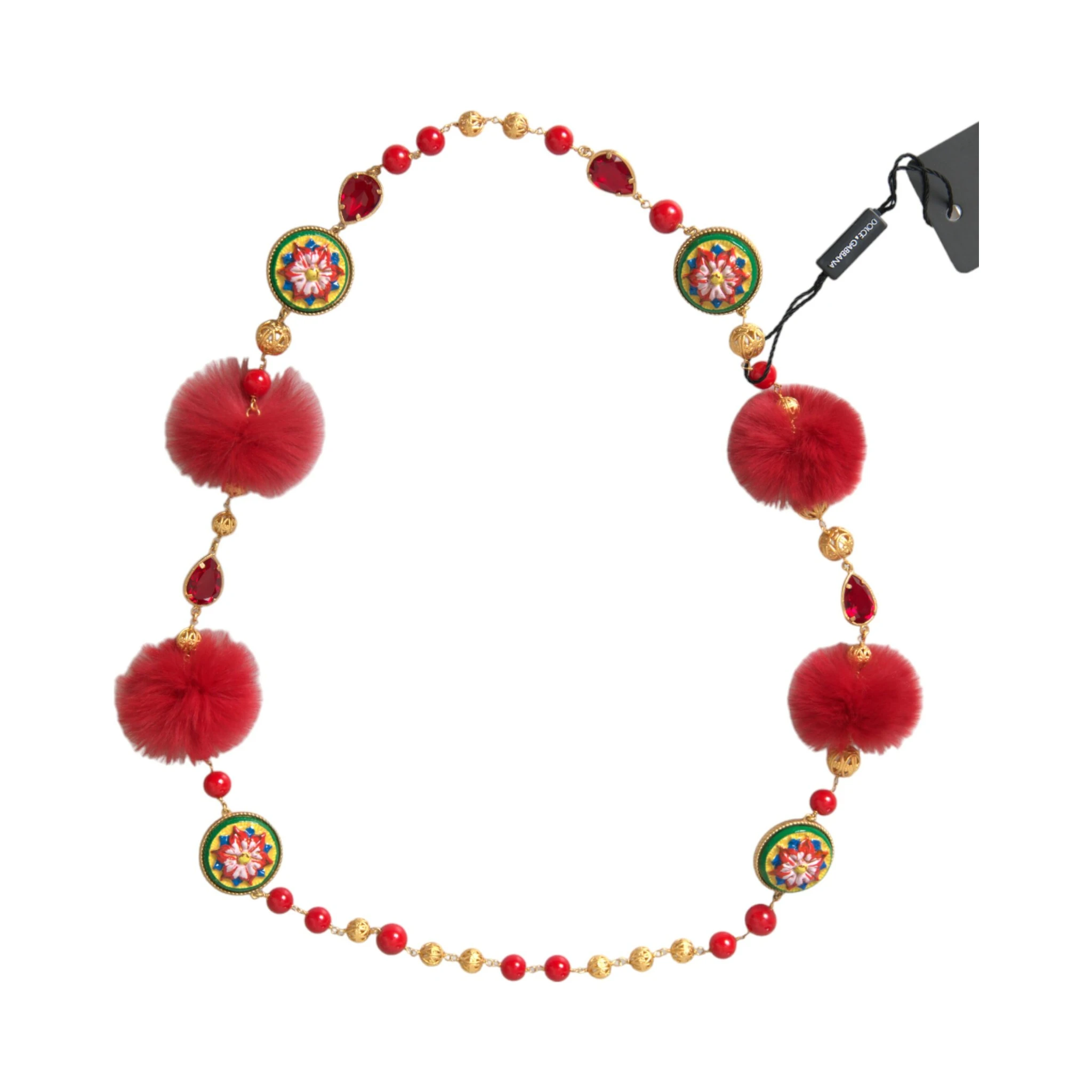 Gold Brass Red Fur Crystal Carretto Chain Necklace