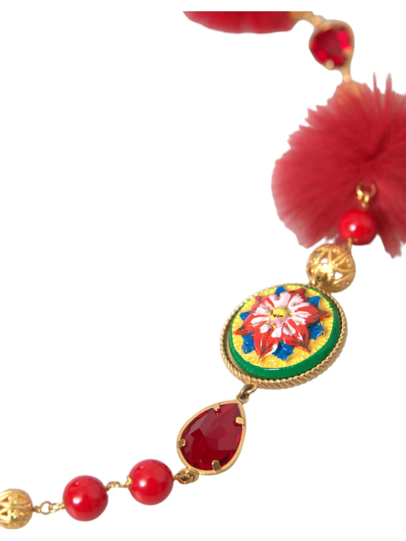 Gold Brass Red Fur Crystal Carretto Chain Necklace