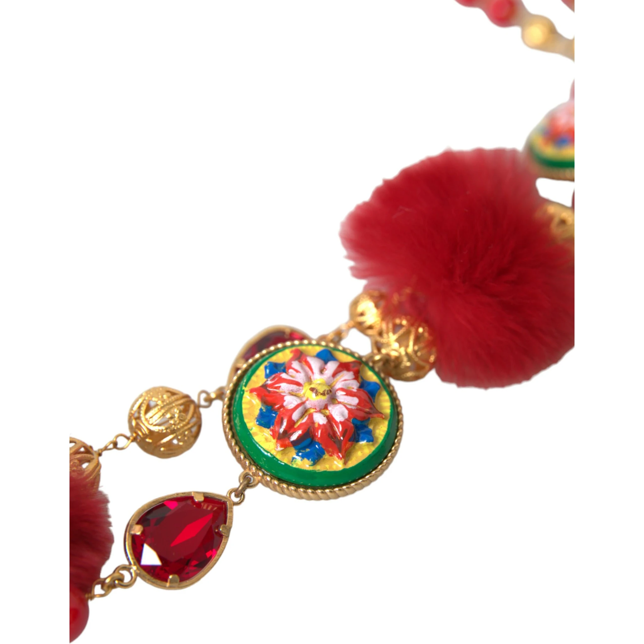 Gold Brass Red Fur Crystal Carretto Chain Necklace