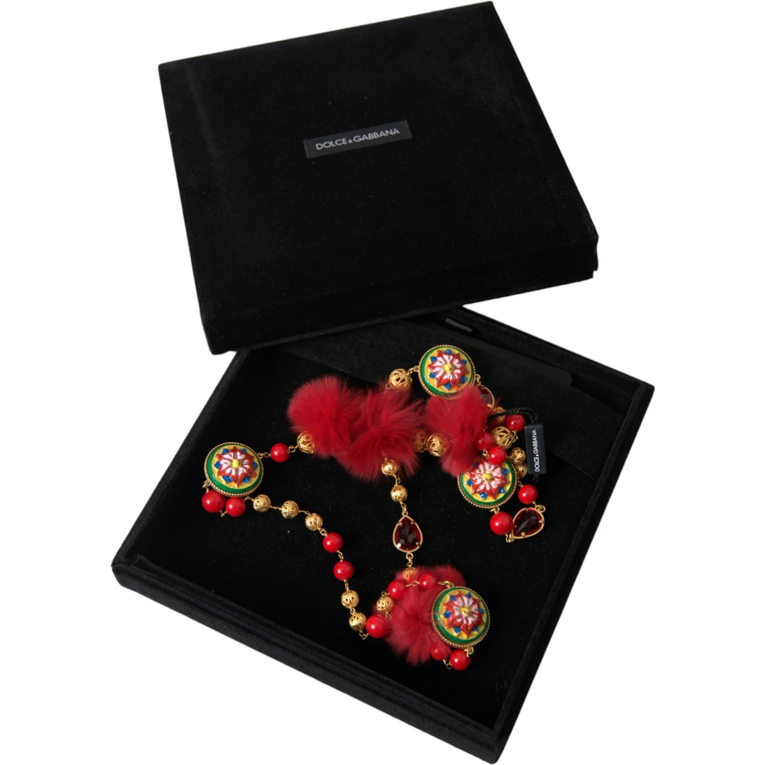 Gold Brass Red Fur Crystal Carretto Chain Necklace