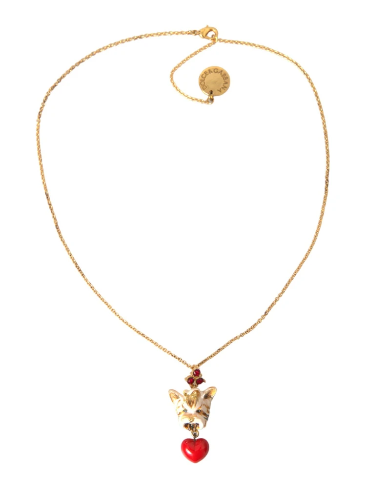 Gold Brass Chain Dog Heart Pendant Charm Necklace