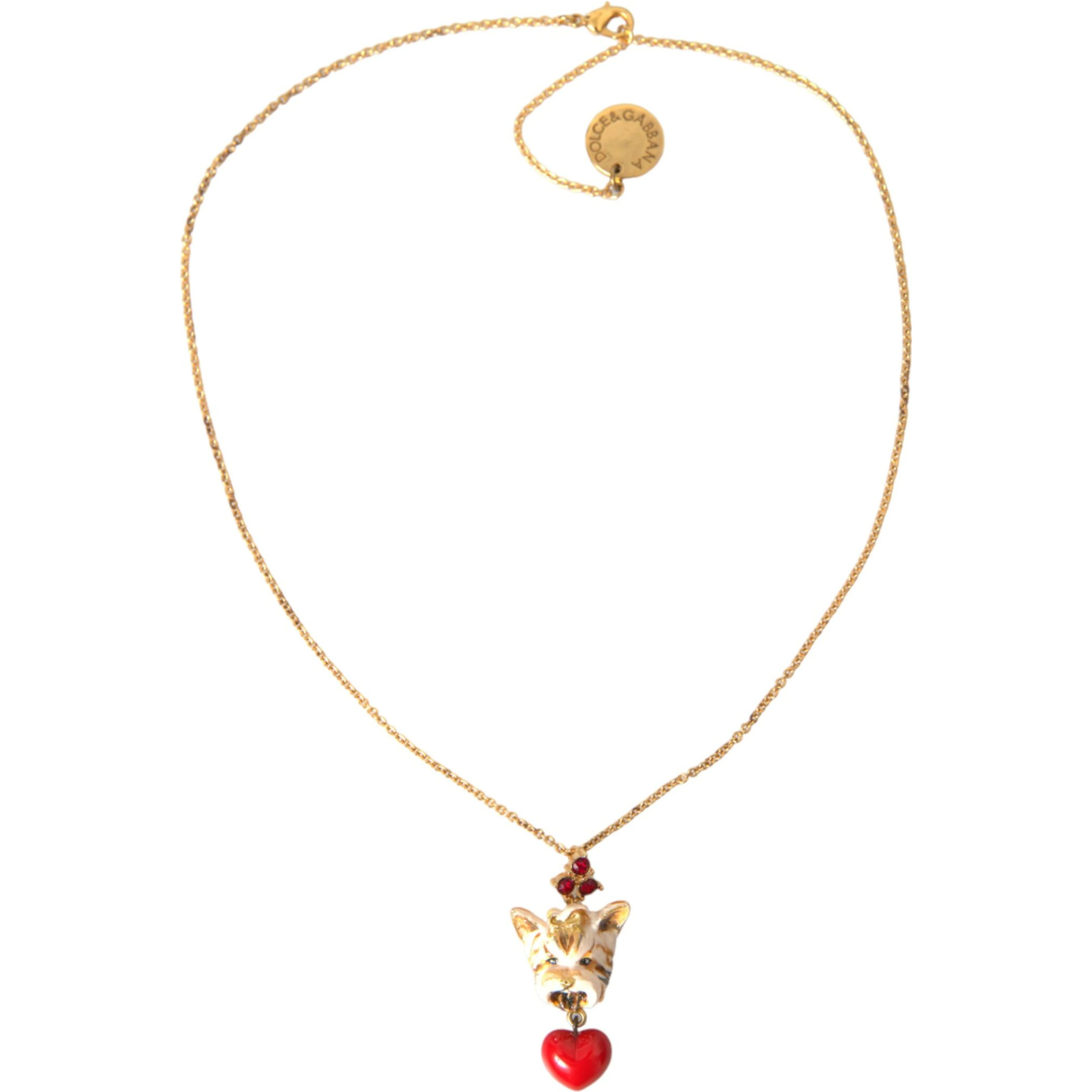 Gold Brass Chain Dog Heart Pendant Charm Necklace
