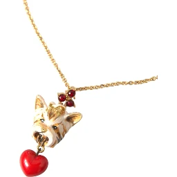 Gold Brass Chain Dog Heart Pendant Charm Necklace