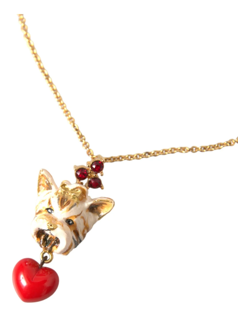 Gold Brass Chain Dog Heart Pendant Charm Necklace