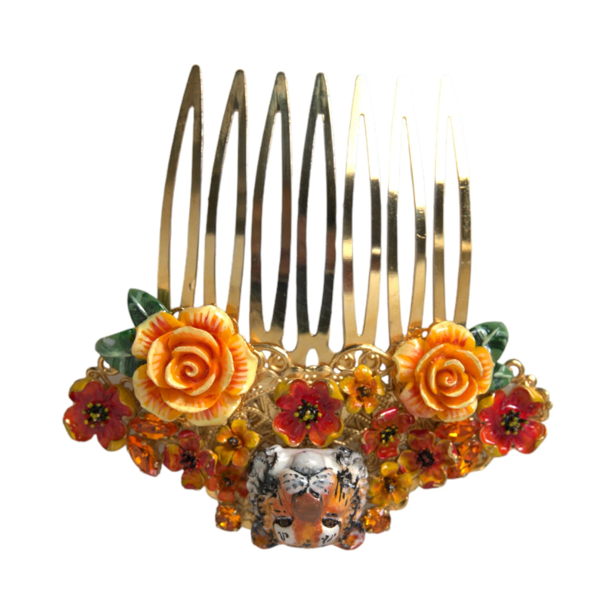 Gold Brass Crystal Leopard Floral Hair Comb