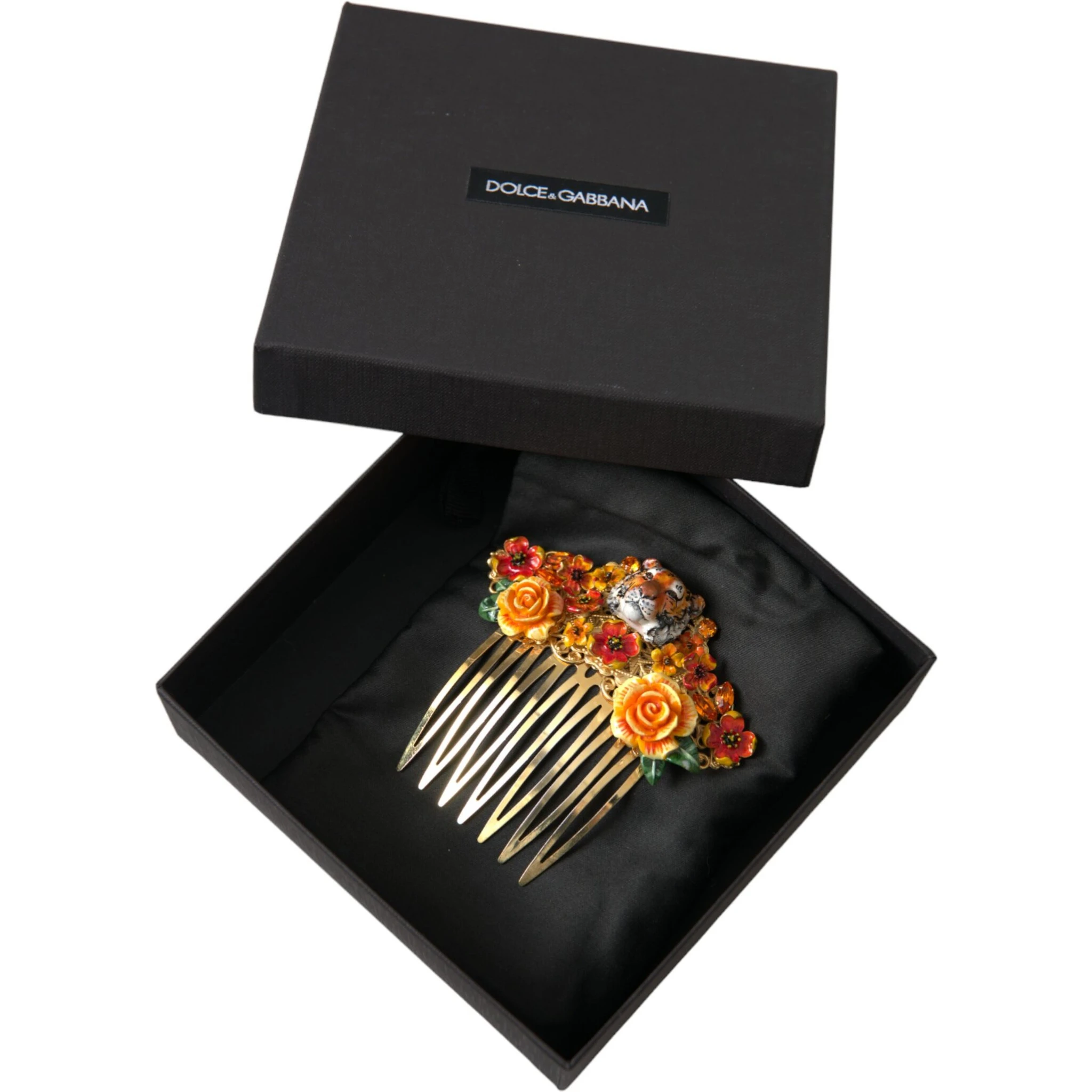 Gold Brass Crystal Leopard Floral Hair Comb