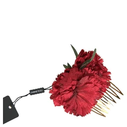 Red Silk Floral Gold Brass Women Hair Comb