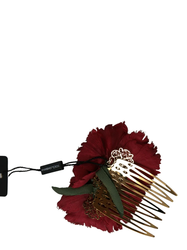 Red Silk Floral Gold Brass Women Hair Comb alternative