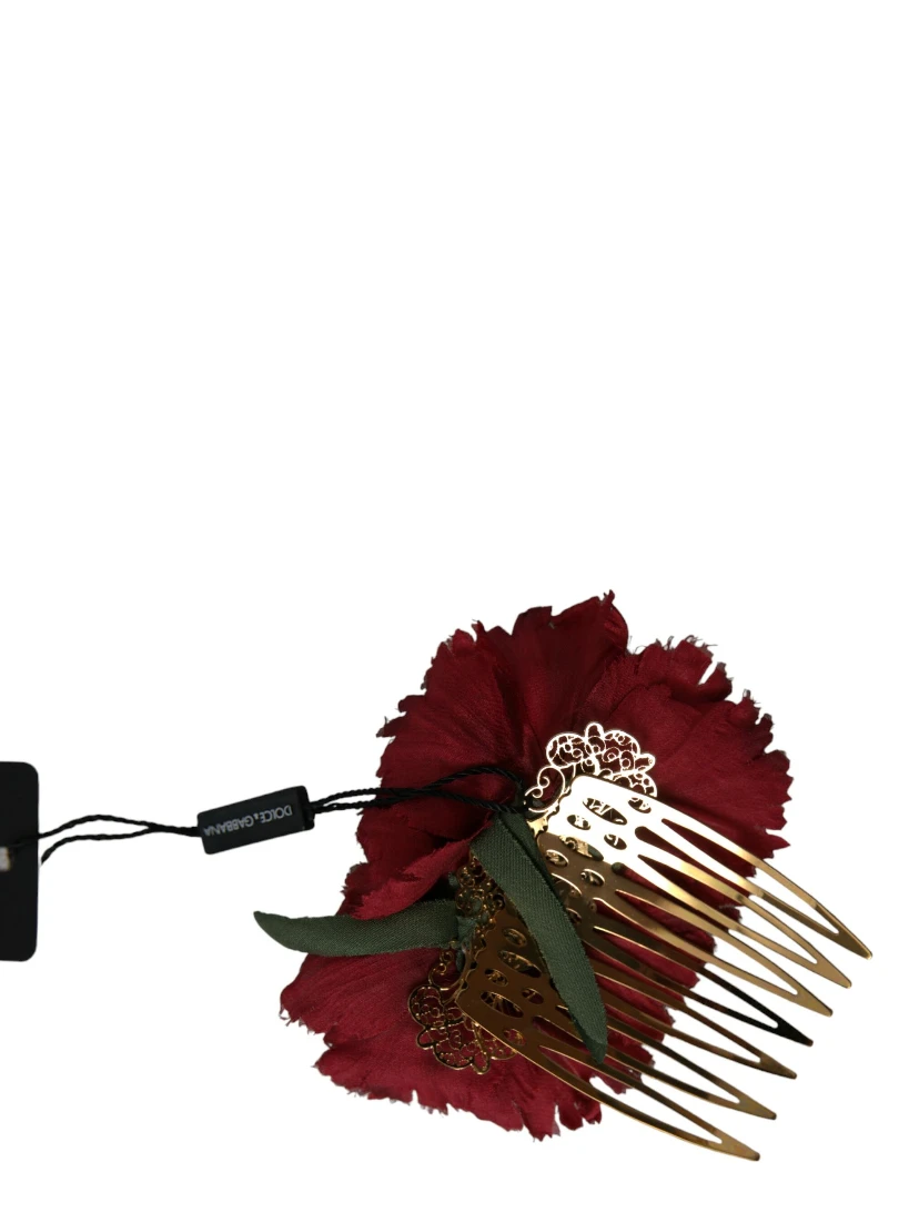 Red Silk Floral Gold Brass Women Hair Comb