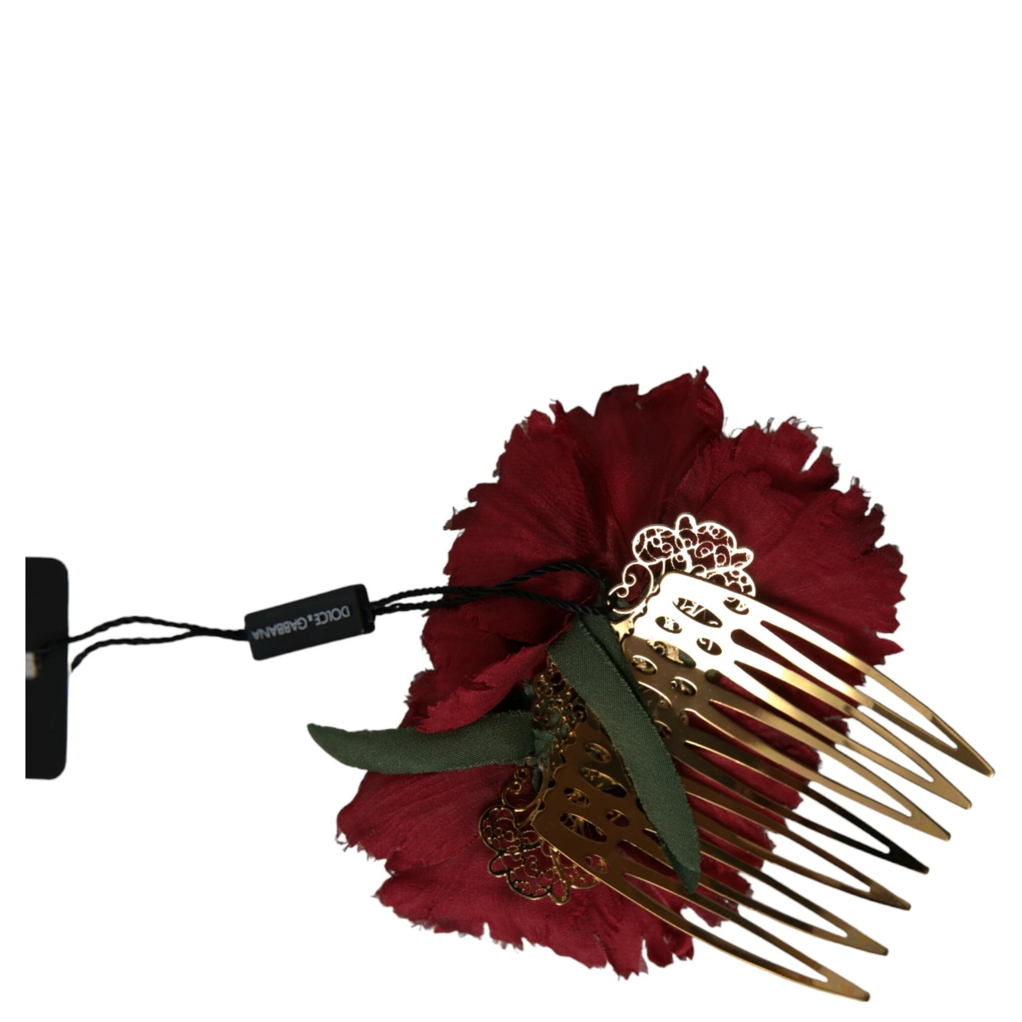 Red Silk Floral Gold Brass Women Hair Comb