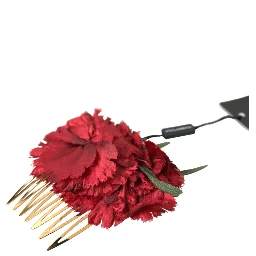 Red Silk Floral Gold Brass Women Hair Comb