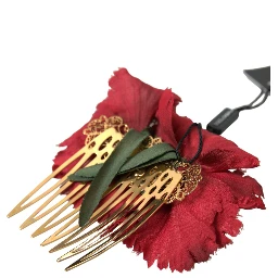 Red Silk Floral Gold Brass Women Hair Comb