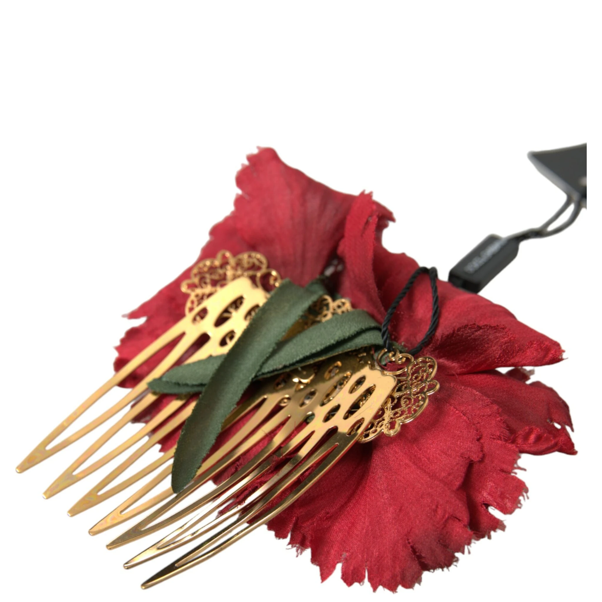 Red Silk Floral Gold Brass Women Hair Comb