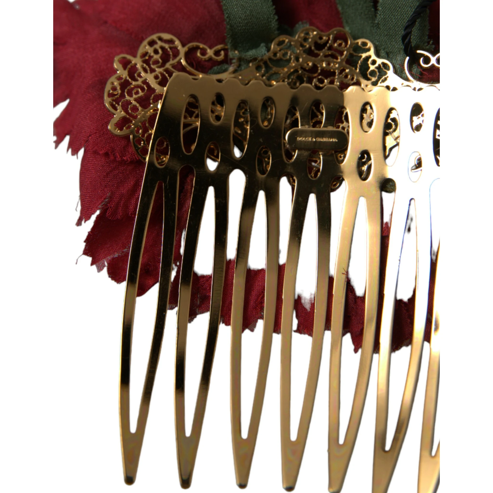 Red Silk Floral Gold Brass Women Hair Comb