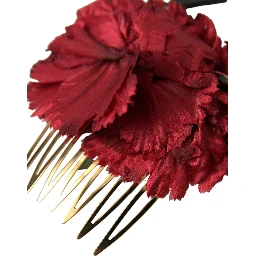 Red Silk Floral Gold Brass Women Hair Comb