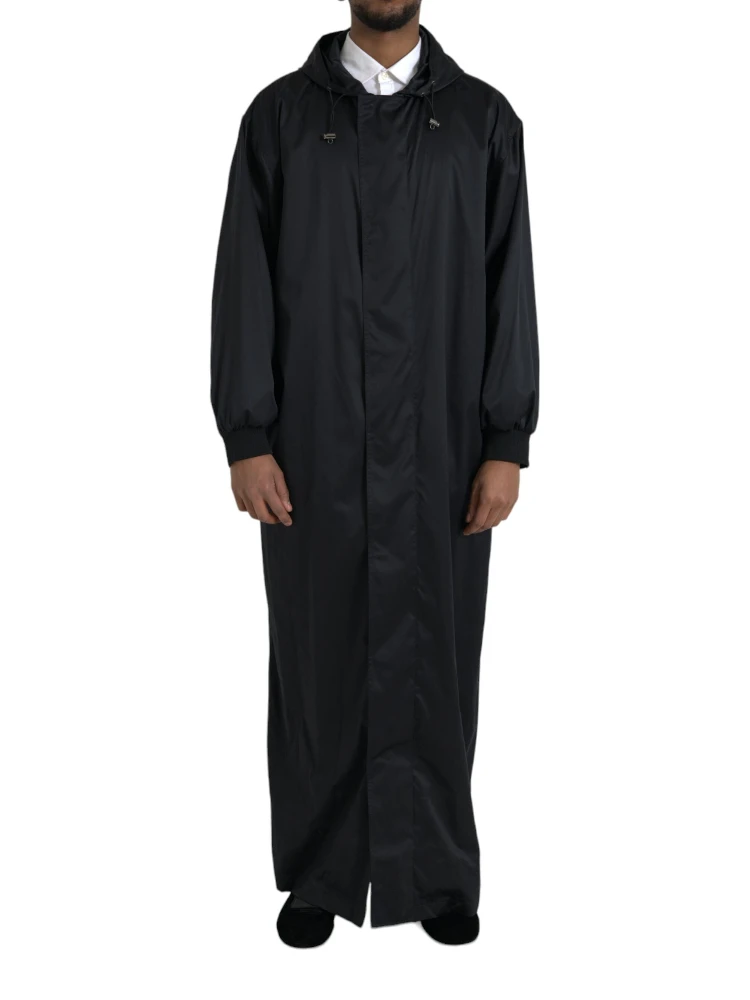 Black Polyester Hooded Long Windbreaker Jacket