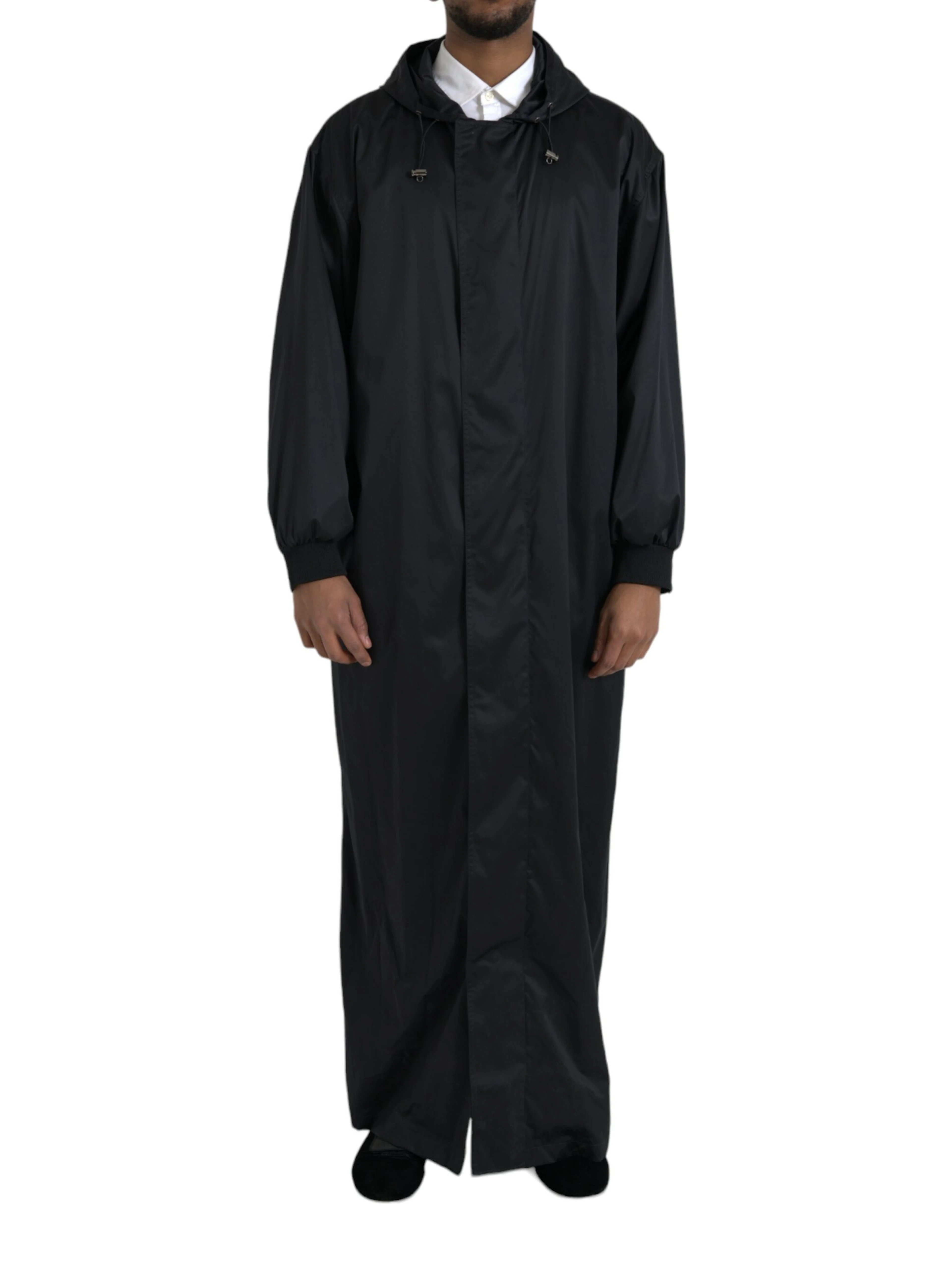 Black Polyester Hooded Long Windbreaker Jacket