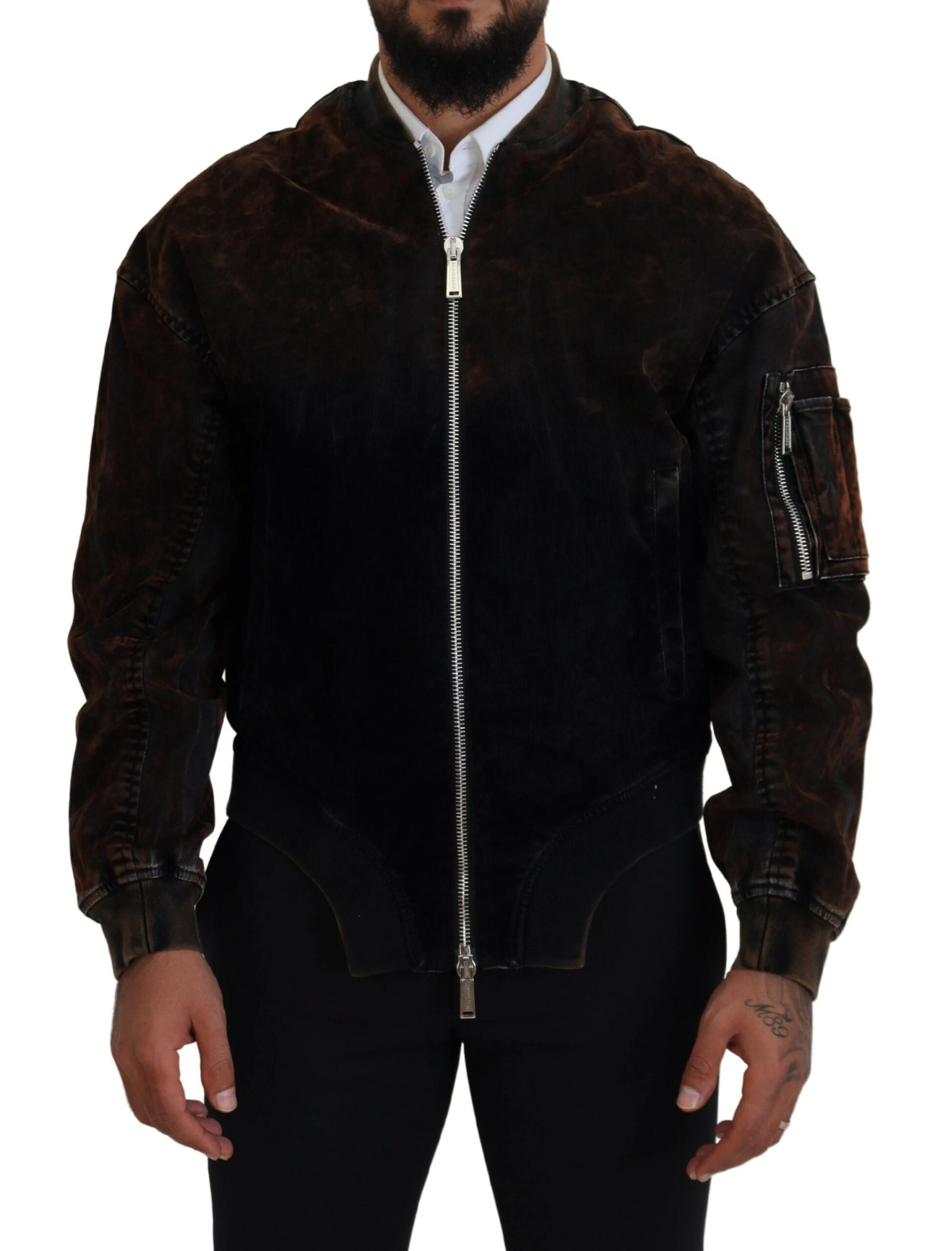 Brown Cotton Bomber Zipper Pocket Sleeves Jacket