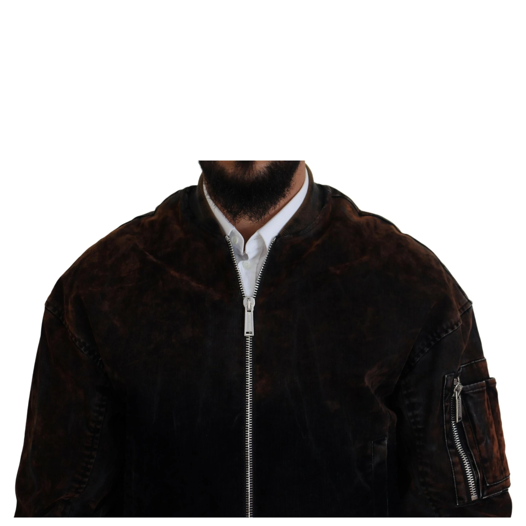 Brown Cotton Bomber Zipper Pocket Sleeves Jacket