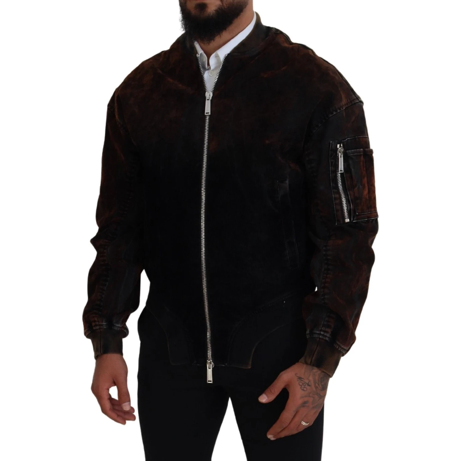 Brown Cotton Bomber Zipper Pocket Sleeves Jacket