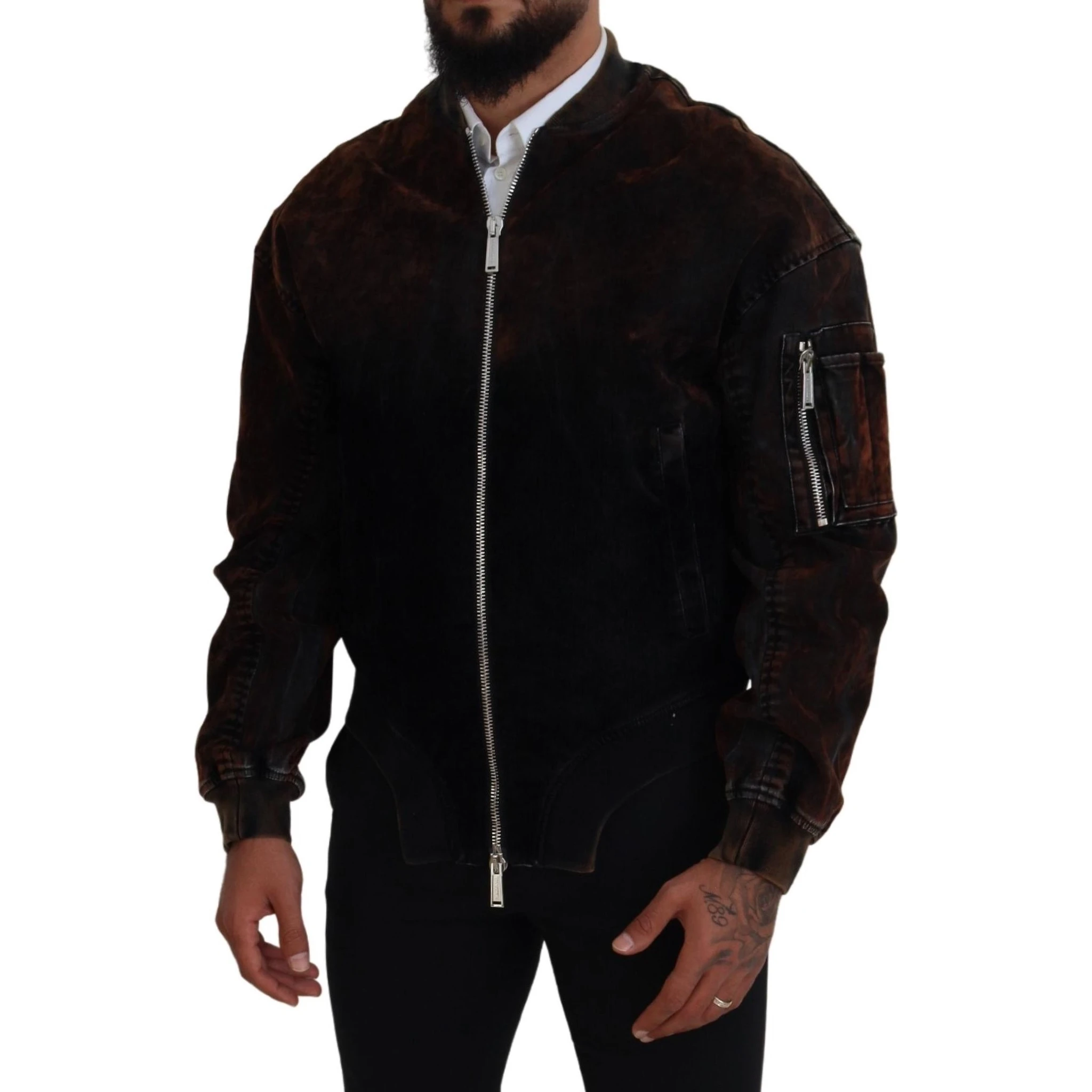 Brown Cotton Bomber Zipper Pocket Sleeves Jacket