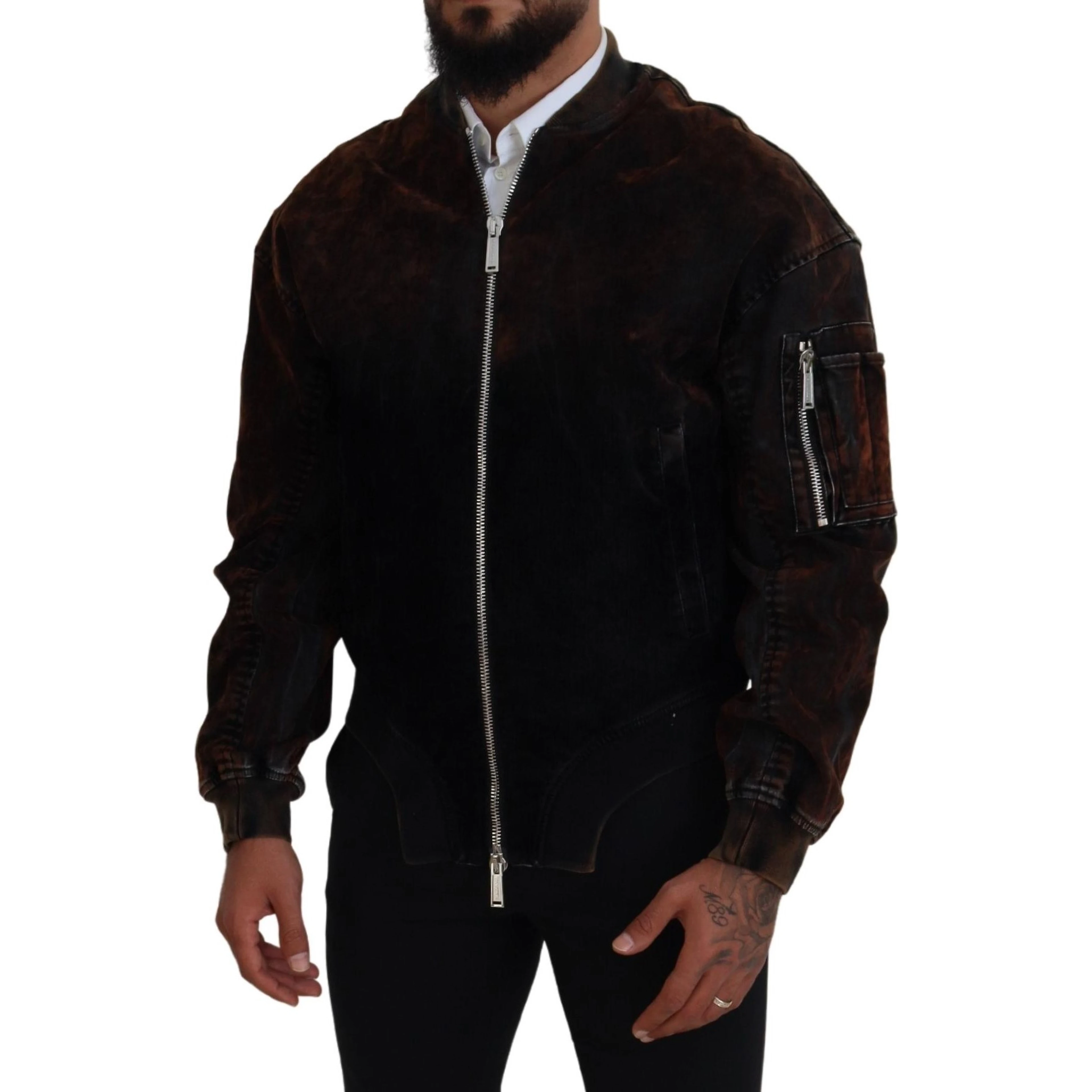 Brown Cotton Bomber Zipper Pocket Sleeves Jacket