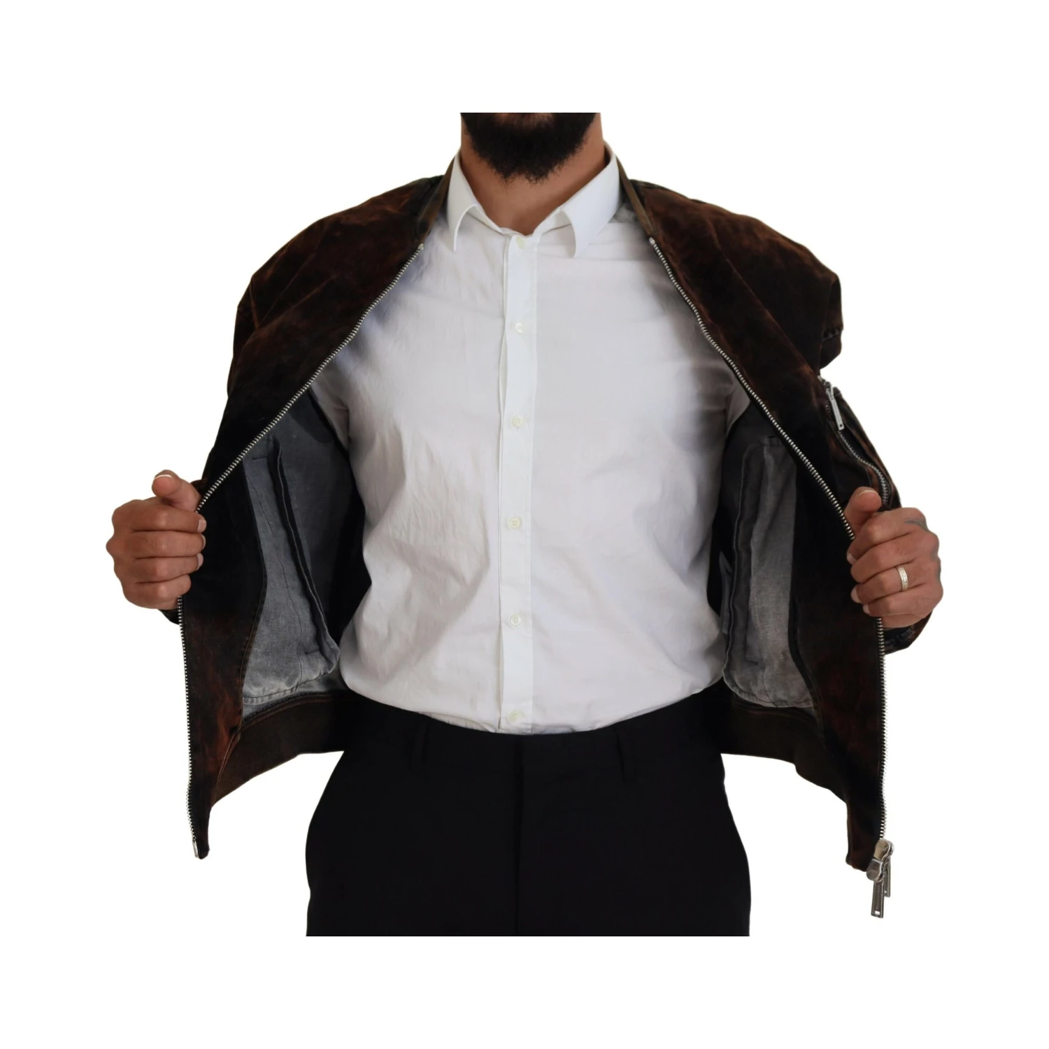 Brown Cotton Bomber Zipper Pocket Sleeves Jacket