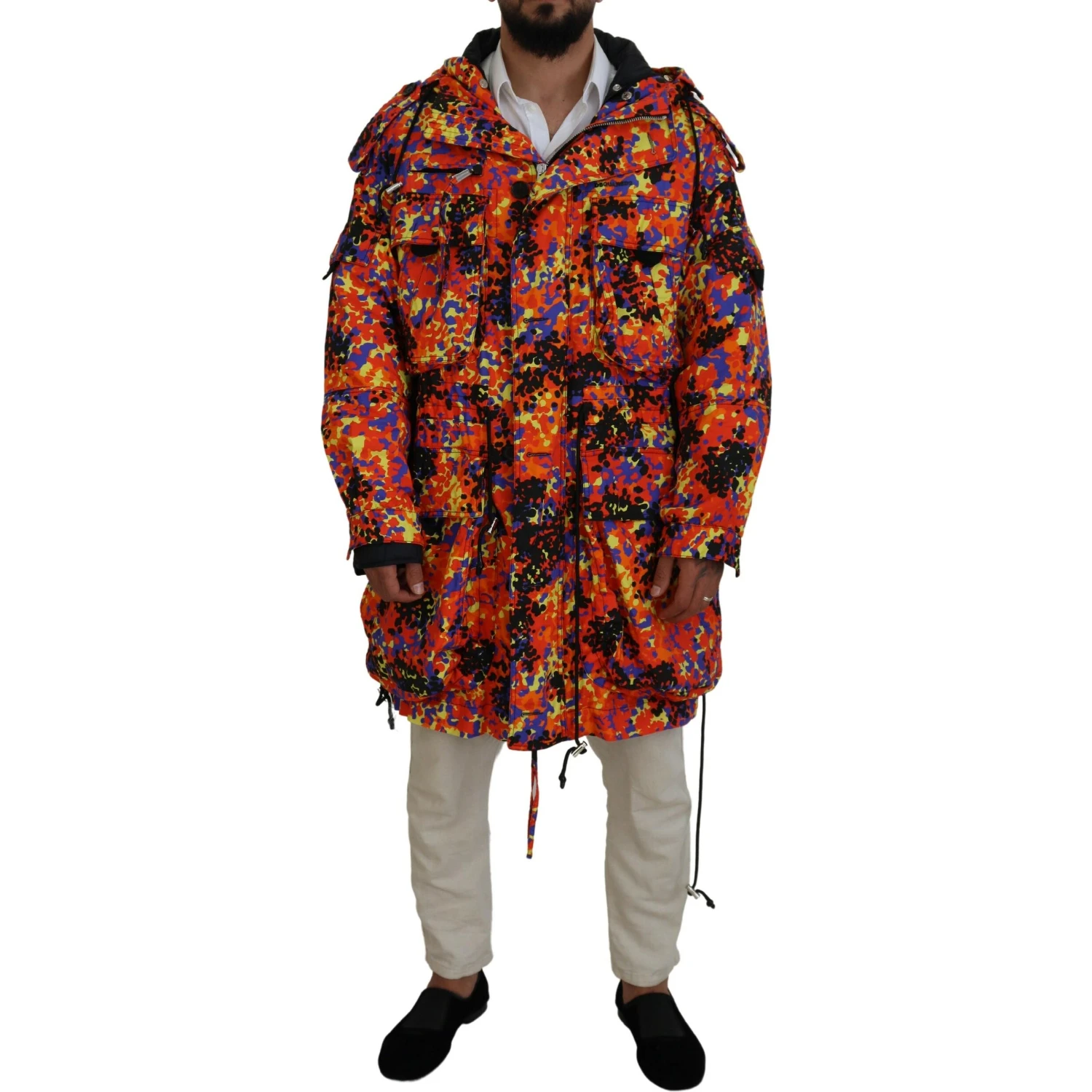 Multicolor Long Hooded Cargo Pocket Coat Jacket