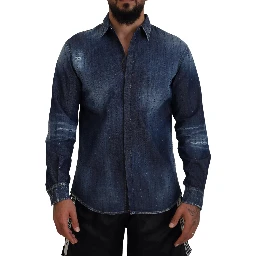 Blue Tattered Crystal Embellished Denim Shirt