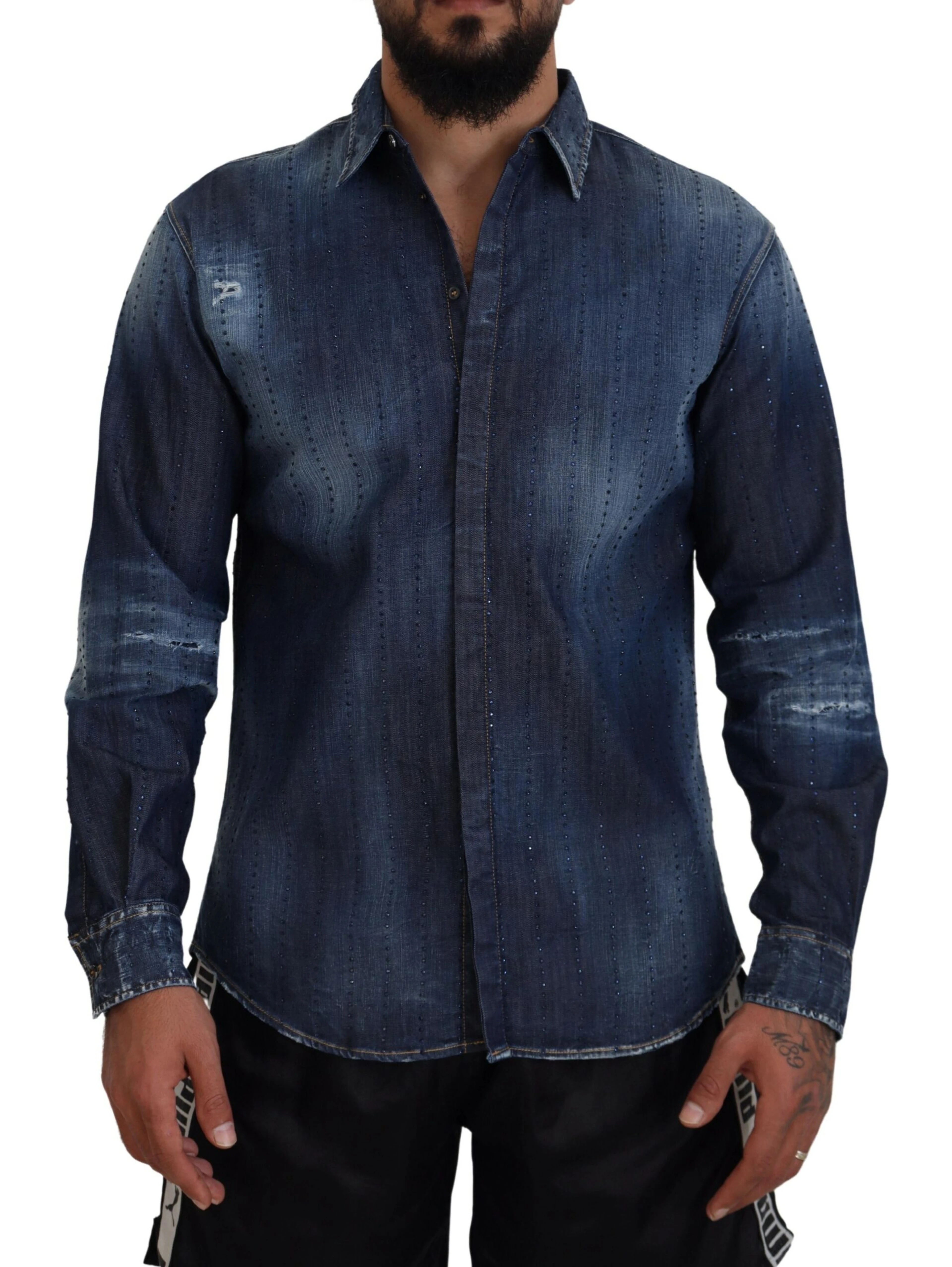 Blue Tattered Crystal Embellished Denim Shirt