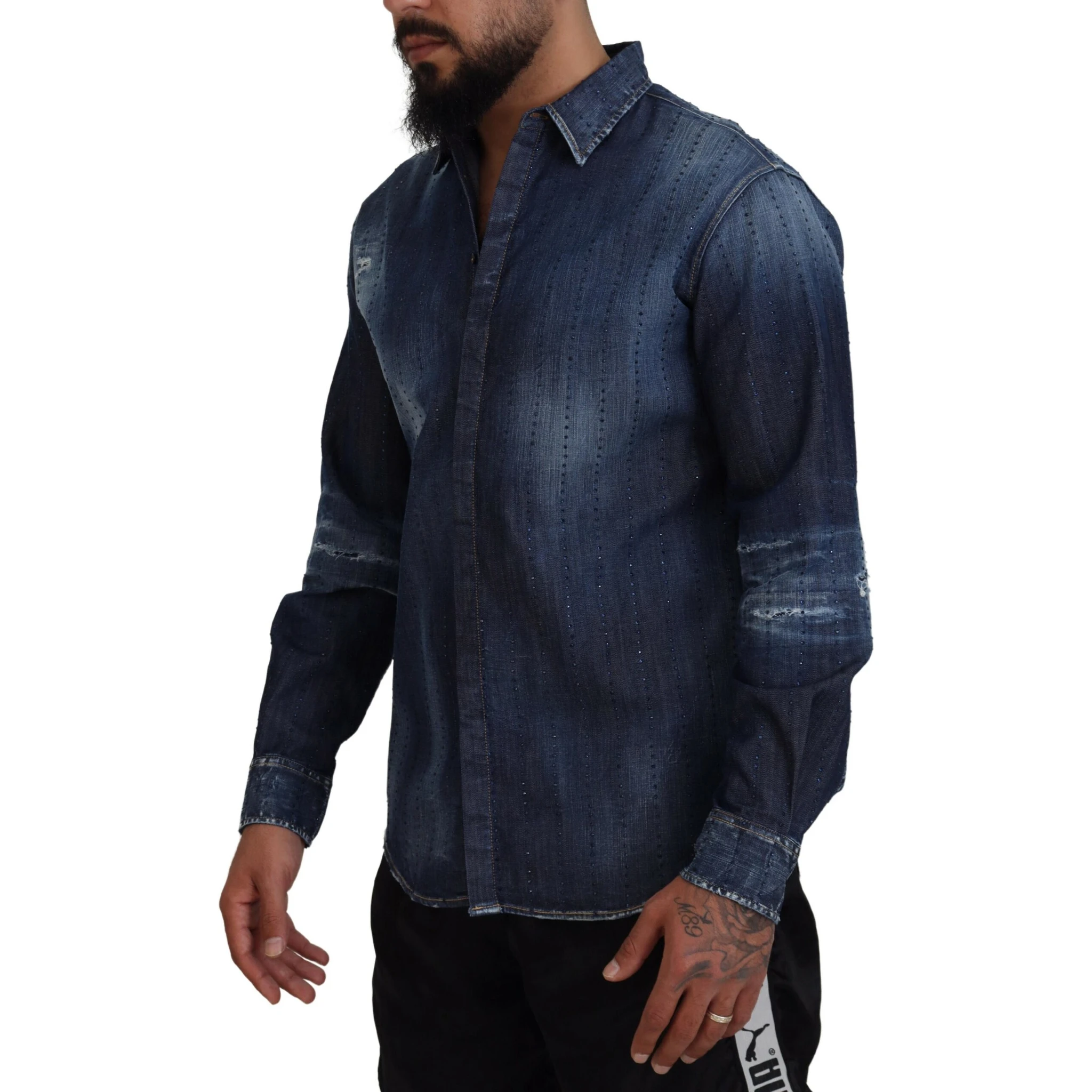 Blue Tattered Crystal Embellished Denim Shirt